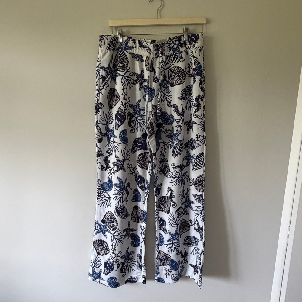 Belle Beach Kim Gravel Nautical Shell Starfish Print Wide Leg Tassel Pants Med - Picture 2 of 11